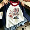 Camiseta infantil de manga comprida com estampa de desenho animado em algodão, gola redonda, estilo coreano, color-blocking, marca moderna, novo top versátil fofo para primavera/outono