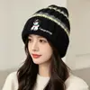 Gorro de Lana Rayado Engrosado Otoño e Invierno con Bordado de Cachorro para Mujer, Gorro Turbante Casual Versátil Lindo, Gorro de Punto Cálido para Protección de Orejas