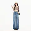 Jeans feminino de perna reta, estilo retro americano, com efeito olho de gato, calça longa azul lavada, comprimento estendido