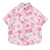 Verão 2025 Novo Estilo Doce Japonês Fresco Camisa Rosa de Manga Curta Camisa Solta da Moda Masculina Top Floral de Nicho