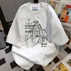 Camiseta de Verão Solta 100% Algodão com Design Exclusivo Estampa de Letras Graffiti Manga Curta Estilo Retrô Americano para Mulheres