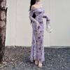 Vestido Retro Estilo Francés con Estampado de Mariposas para Mujer, Morado, Puro Deseo, Ceñido a la Cintura, Adelgazante, Ajustado al Cuerpo, Vestido Largo de Sirena