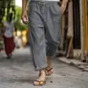 Pantalones de playa casuales de verano para hombre 2025 transfronterizos de Amazon, cintura elástica con cordón, multibolsillos, de algodón y lino