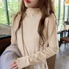 Camisa feminina de veludo com gola alta e manga comprida, dupla face, outono e inverno, escovada, quente, slim fit, top versátil para mulheres
