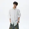 Camisa masculina trendy de cor sólida com manga longa, estilo americano, jaqueta casual solta de manga longa estilo vintage para outono