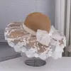 Sombrero de Paja de Verano Influencer Ala Ancha Protección Solar Sombrero de Playa Lazo de Encaje Borde Ondulado Dulce Sombrero de Pescador Mujer