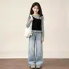 Conjunto de Dos Piezas para Niñas, Moda Casual de Primavera y Otoño, Top Color Block Estrellado con Pantalones de Pierna Ancha