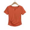6118-25 Camiseta de tirantes de punto de red plisado de manga corta de secado rápido con cuello en V pequeño ajustada coreana
