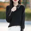 Suéter de punto de canalé de calibre alto con solapa de lana, tejido fino para primavera/verano, elegante lana Merino con calados de microdiamantes