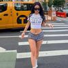 Estilo americano Retro Y2K Millennium Style Carta Impressão Curto Curto Manga Curta T-Shirt Mulheres Hot Girls Slim-Fit Ombro Crop Top Trendy