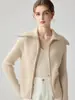 Jaqueta de cashmere 100% macia como nuvem, amigável para a pele, com lapela grande, design canelado vertical, zíper bidirecional, cardigã de cashmere moderno e versátil