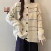 Estilo casual, color café, cárdigan de punto a rayas color block, suéter nuevo de otoño/invierno para mujer, corte holgado, top de cuello redondo
