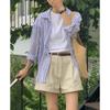 Coreia do Sul Mulheres High-end Verão INS Estilo descontraído Fresco Listrado Shell Fivela Solto Manga Comprida Ultra-fino Camisa à prova de sol