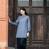 26 Camisa de Otoño Retro Estilo Chino con Cuello Alto, de Longitud Media, con Tapeta Diagonal y Cierre de Botones, Top de Lino, Ropa Inspirada en el Zen para Ceremonia del Té, Camisa para Mujer