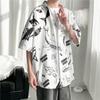 Camisa Estilo Fresco Desenho Animado Flor Masculina Verão Fina Mori Macia Waxy Estilo Coreano Solta Estilo Hong Kong Versátil Manga de Cinco Pontos