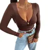 Camiseta Sexy de Manga Larga de Color Sólido con Escote en V Profundo, Huecos y Diseño Retorcido para Mujer, Nuevo Estilo Otoño, Camiseta Básica Sencilla Ajustada Adelgazante