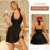 Vestido Corto Sexy de Estilo Europeo y Americano con Escote Bajo y Atado al Cuello, Nueva Noche de Verano de Satén Sedoso que Ceñe la Cintura con Copas en el Pecho