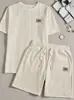 Conjunto de duas peças de malha casual canelada de manga curta, design patchwork de cor sólida para homens europeus e americanos, estilo internacional, verão de 2026