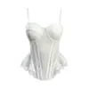 Camisola de encaje estilo francés con ballenas para mujer, entallada a la cintura, adelgazante, con volantes, sin tirantes, con cierre de corchete en la espalda