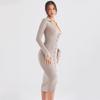 Vestido Longo Bodycon de Manga Longa Outono/Inverno 2026 Vestido Longo de Tricô com Fio Cardado Decote V Slim Fit Comprimento Médio