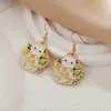 Aretes de Gato de Dibujos Animados Esmalte Negro Gato Flor Gatito Lindo Colgantes de Oreja Aretes de Moda para Mujeres Aretes Negros Transfronterizos