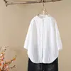 Elegante Cárdigan de Gasa de Algodón Doble Capa con Cuello Alto, Camisa de Manga Media para Mujer, Simple Holgada Casual para el Trabajo, Top 9688