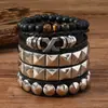 Explosões transfronteiriças conjunto quente de 4 peças de pulseira de rebite de miçangas quadradas moda personalizada PU tecido X liga pulseira de miçangas de madeira