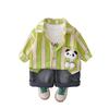Camisa Masculina Listrada Vertical de Desenho Animado para Primavera e Outono 2025 Pingente Terno Infantil Camisa Casual Infantil Conjunto Fofo de Três Peças