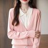 Nuevo cárdigan de punto para mujer, otoño e invierno, lana peinada de doble hebra, cuello polo, estilo de dos piezas falsas, chaqueta versátil a la moda para reducir la edad