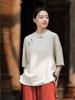 26 Verão Novo Original Estilo Chinês Retrô Gola Alta Botão de Linha Manga Curta Feminina Solta Linho Lavado com Areia Camiseta