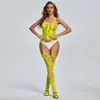 Amazon Body Sexy de Malla Jacquard Transparente con Escote Halter y Tirantes Abiertos en la Espalda sin Tirantes y con Abertura en la Entrepierna