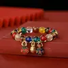 Pulseira de Vidro para Cinzas de Incenso com Folha de Ouro Multicor e Besta Dourada Engolidora para Mulheres, Pulseira Estilo Chinês Nacional, Joia de Ano Novo do Deus da Riqueza de Cinco Vias