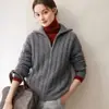 Cardigan Feminino de Lã Cashmere com Zíper na Lapela, Tricô Grosso de Três Fios em Ponto Trançado, Casaco de Tricô Quente Versátil para o Dia a Dia