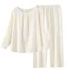 Pijama de Novo Estilo para Mulheres, Simples e Sofisticado, Pijama de Crepe de Algodão Puro Off-White para Primavera e Verão, Conjunto de Roupa para Casa Que Pode Ser Usado Fora