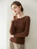 Top quente 100% cashmere puro, gola redonda, malha canelada, base justa, suéter feminino