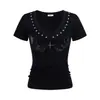 Camiseta de Manga Curta Unbdns para Mulheres 2026 Novo Estilo Popular Preto Slim Fit Decote V com Design de Strass para o Verão