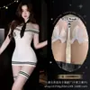 Lencería sexy, conjunto de tentación de uniforme de deseo puro, estilo secretaria, sin quitar, uniforme azul marino de azafata, diseño hueco de un solo hombro