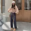 Pantalones Rectos de Terciopelo Europeo Estilo Nuevo de Primavera para Mujer Cintura Alta Sueltos Casuales Pantalones de Punto Versátiles de Pierna Ancha para Mujer