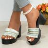 2025 verano nuevo cabeza cuadrada hueco tejido de malla zapatillas plataforma impermeable tacón grueso mujer zapatillas tacón alto talla grande