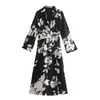 Vestido de otoño para mujer estilo europeo y americano 2021, manga larga, estampado floral blanco y negro 1376
