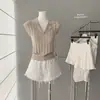 Blusa de Tricô com Gola em Lyocell/Linho e Mangas Volumosas para Mulheres, Primavera/Verão, Bege, Tamanho Único, Sem Mangas, Cor Sólida
