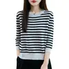 25 suéteres nuevos de punto de algodón a rayas para otoño e invierno para mujer, cuello redondo, corte holgado, elegantes y rejuvenecedores, perfectos como capa base o prenda superior