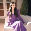 Vestido interior de pana morada para otoño e invierno, suave, elegante, socialité, de alta gama, estilo francés, estilo fragante, vestido base.