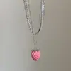 Colar Pingente de Morango Rosa Degradê e Anel Feminino, Temperamento Doce e Fofo, Corrente de Suéter Choker Fashion