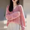 Suéter Casual de Lã Longa, Fleece e Cashmere com Toque Macio, Gola V, Suéter de Tricô de Outono-Inverno de Alta Qualidade para Mulheres
