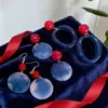 Pendientes Colgantes de Disco con Bloques de Color Azul y Rojo Estilo Retro de Hong Kong, Nicho, Sencillos, Exquisitos, Modernos, Versátiles, Joyería de Oreja Estilo Artístico