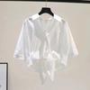 Camisa de Algodón Puro Talla Grande Cárdigan para Mujer Top Holgado 2024 Verano Nuevo Camisa con Lazo Camisa de Manga Corta