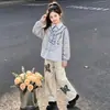 Estilo académico mediano y grande estilo casual infantil estilo retro lazo pantalones de pierna ancha niñas personalidad de moda solapa conjunto de sudadera moderno