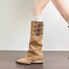 Chuyuji Bico Fino Aumento de Altura Fivela de Cinto Feminina Botas Longas Brancas Acima do Joelho Salto Anabela Botas de Equitação