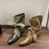 Versión de piel de oveja~Botines de punta con lazo estilo coreano para mujer con parche de lona interior para aumentar la altura, botines cortos de moda